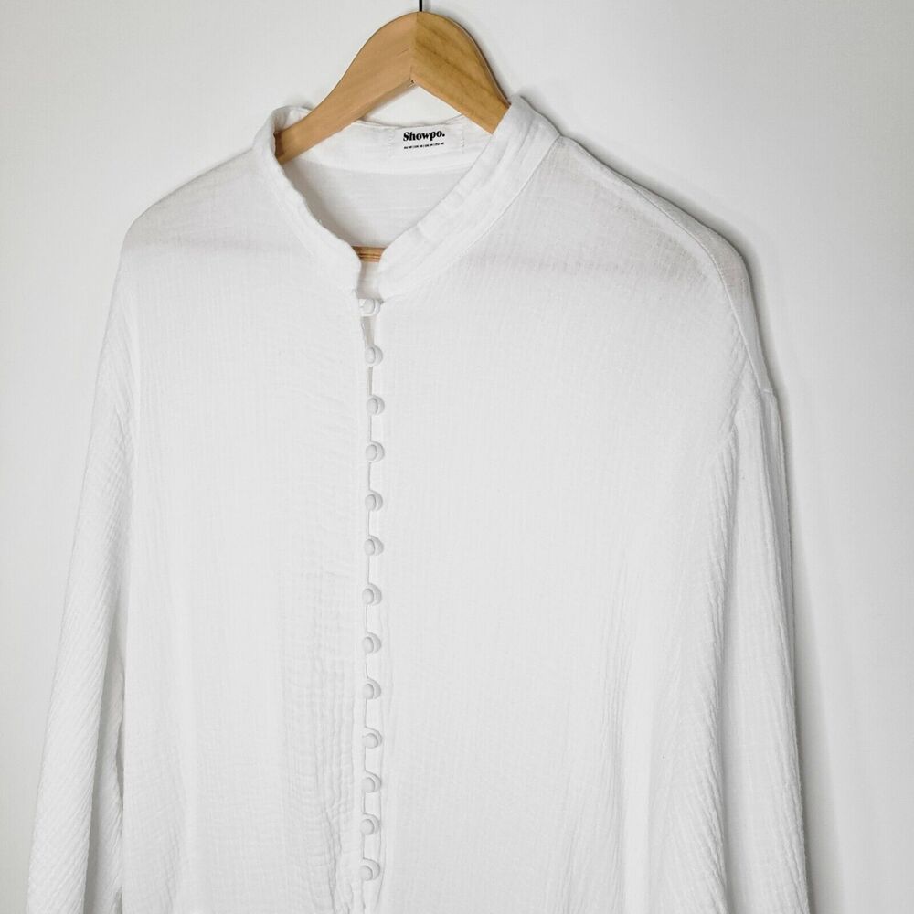 SHOWPO White Gauzy Cotton Playsuit Size 14 Pockets Drawstring Lined Puff Sleeve - Picture 5 of 11
